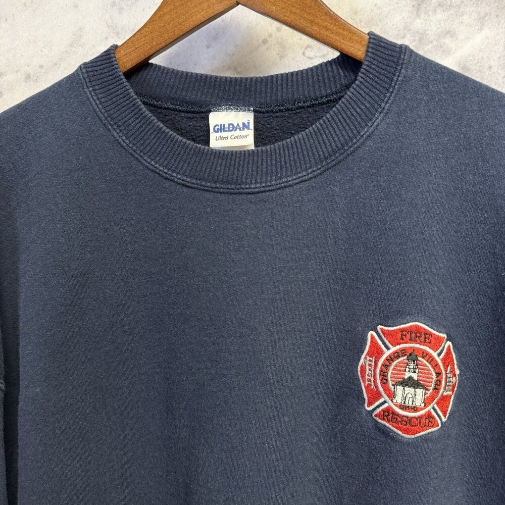 Vintage Fire Dept Sweatshirt Mens 2XL Blue Embroidered Orange Village